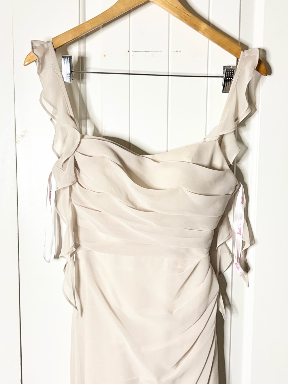 Barbie X Azazie Elegant Cream Ruffled Strap Evening Dress - Picture 2 of 9
